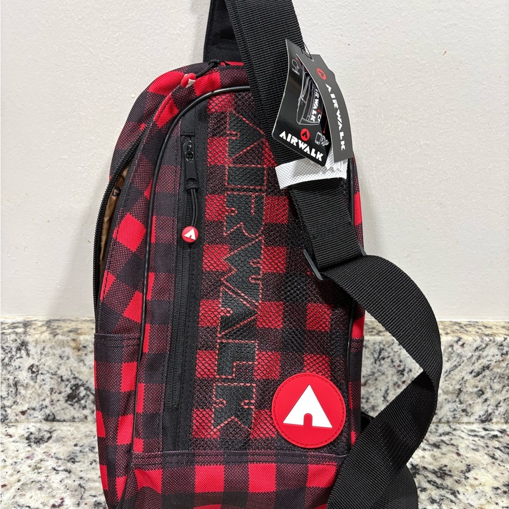 Airwalk Sling Bag Red & Black Plaid NWT       14” X 7” X 3” Foam Padded Back